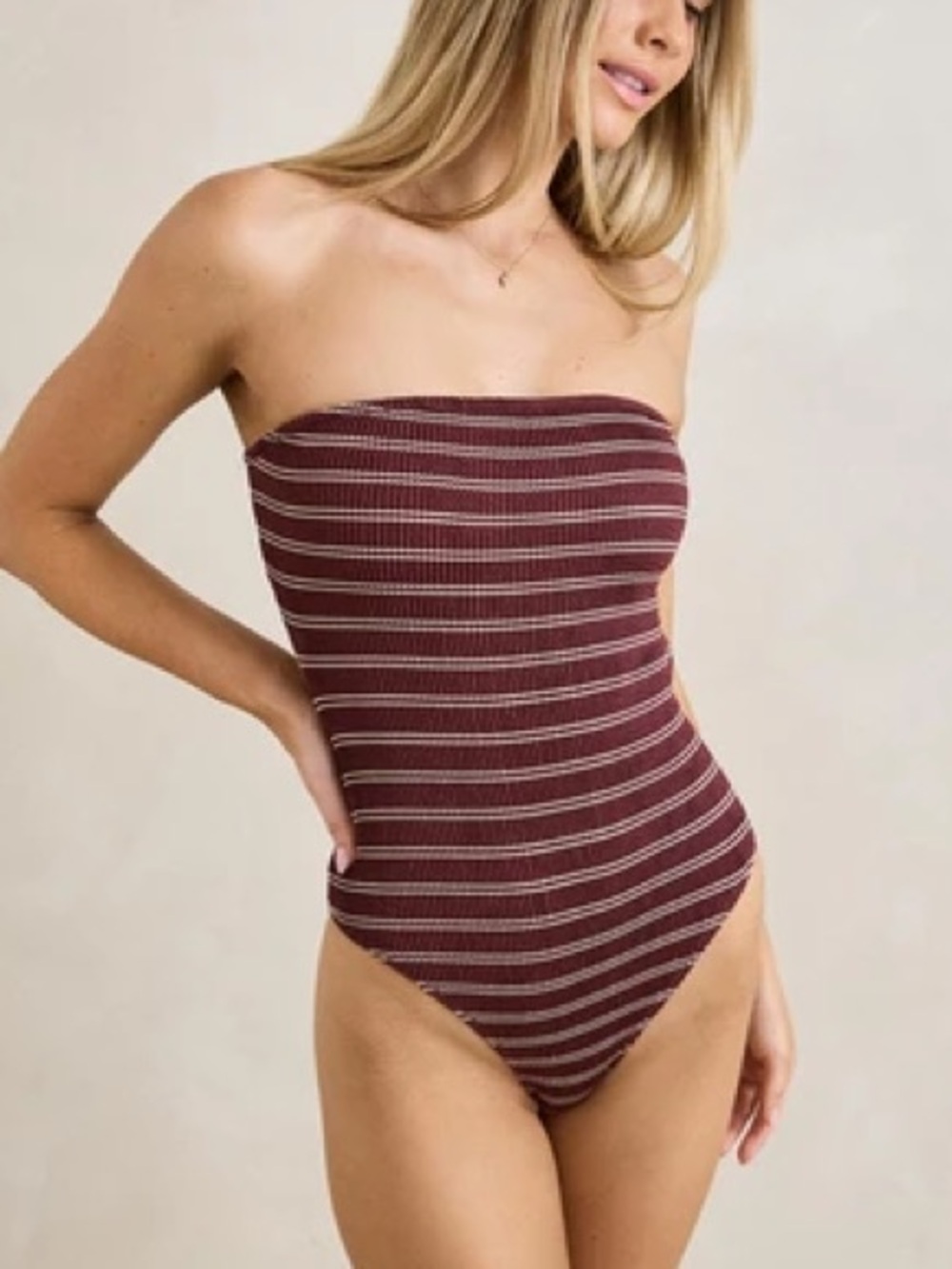 Rhythm. Strapless Ribbed One-Piece Swimsuit in Burgundy and White Stripe